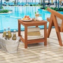 2-stufiger Beistelltisch Massivholz Sofatisch mit Ablagefach kleiner Holztisch Nachttisch Natur