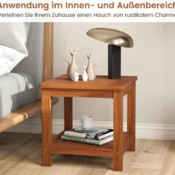 2-stufiger Beistelltisch Massivholz Sofatisch mit Ablagefach kleiner Holztisch Nachttisch Natur