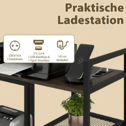 3-stufiger Druckerständer mit Ladestation mobiler Druckertisch mit Ablagefächern Rustikales Braun