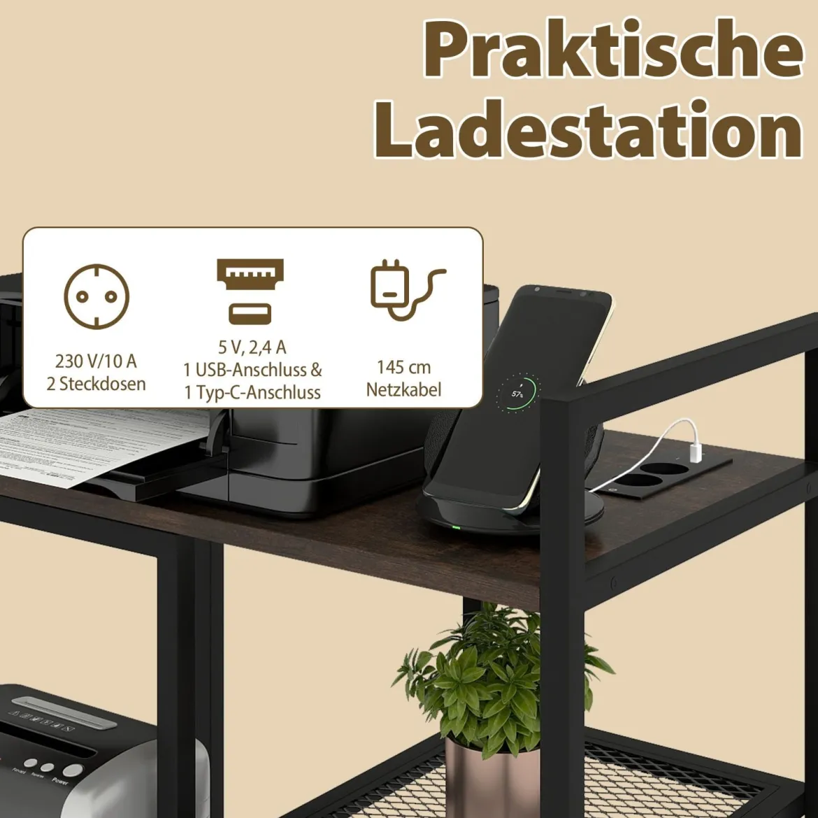 3-stufiger Druckerständer mit Ladestation mobiler Druckertisch mit Ablagefächern Rustikales Braun