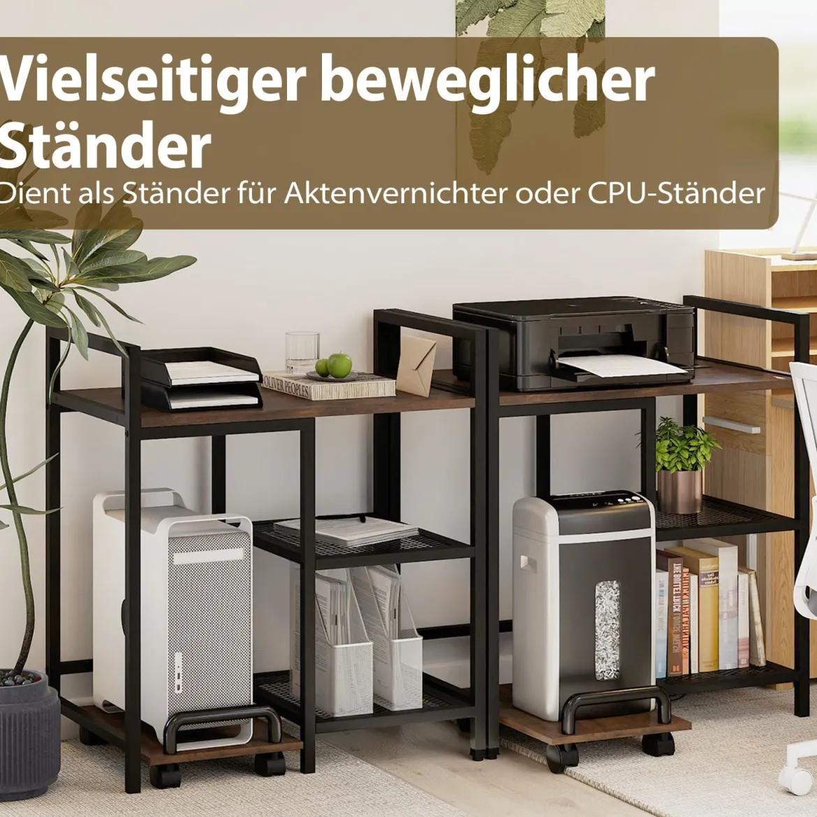 3-stufiger Druckerständer mit Ladestation mobiler Druckertisch mit Ablagefächern Rustikales Braun
