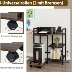 3-stufiger Druckerständer mit Ladestation mobiler Druckertisch mit Ablagefächern Rustikales Braun