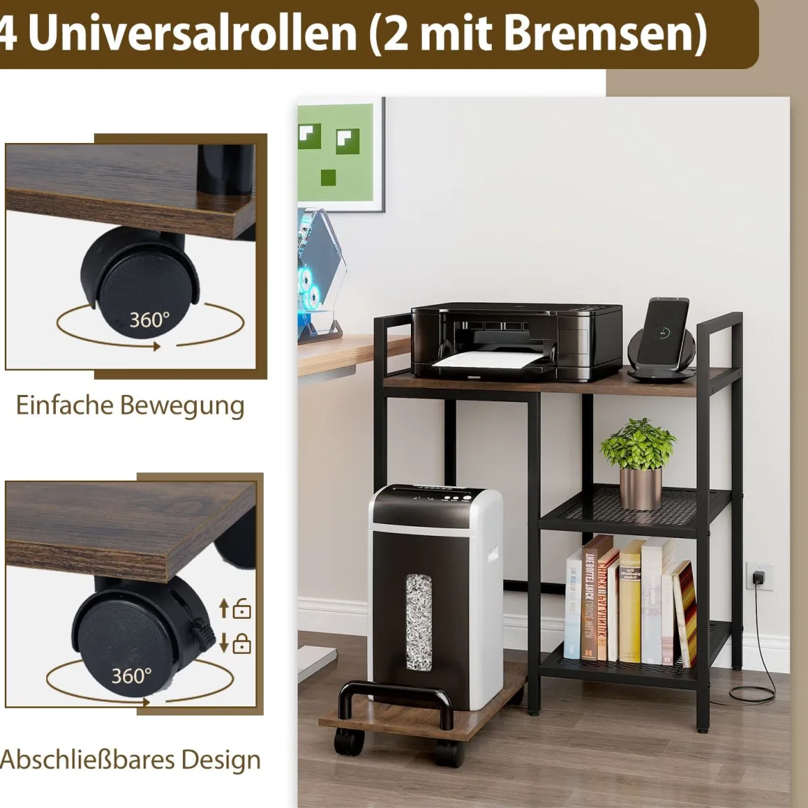3-stufiger Druckerständer mit Ladestation mobiler Druckertisch mit Ablagefächern Rustikales Braun