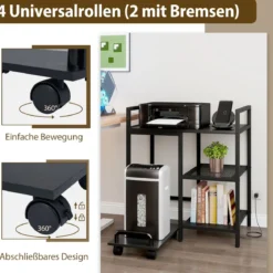 3-stufiger Druckerständer mit Ladestation mobiler Druckertisch mit Ablagefächern Schwarz