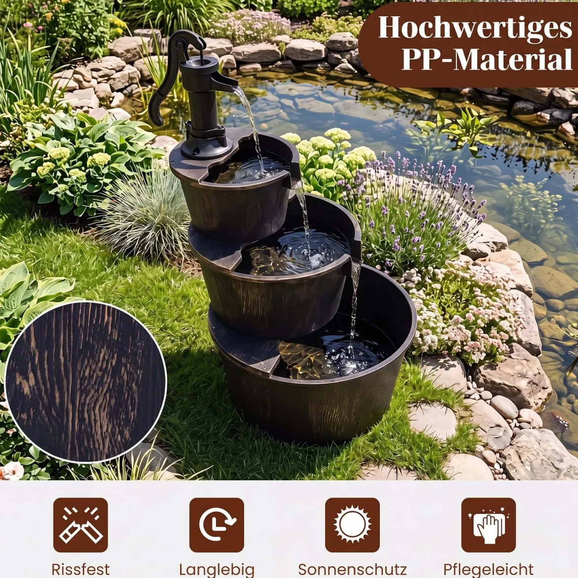 3-stufiger Gartenbrunnen mit Pumpe im Täuschend Echten Holzfass-Design 52 x 60 x 92,5 cm