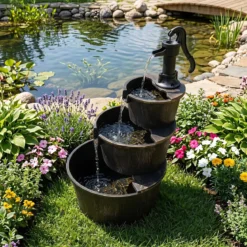 3-stufiger Gartenbrunnen mit Pumpe im Täuschend Echten Holzfass-Design 52 x 60 x 92,5 cm