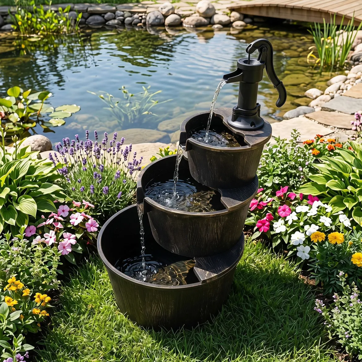 3-stufiger Gartenbrunnen mit Pumpe im Täuschend Echten Holzfass-Design 52 x 60 x 92,5 cm