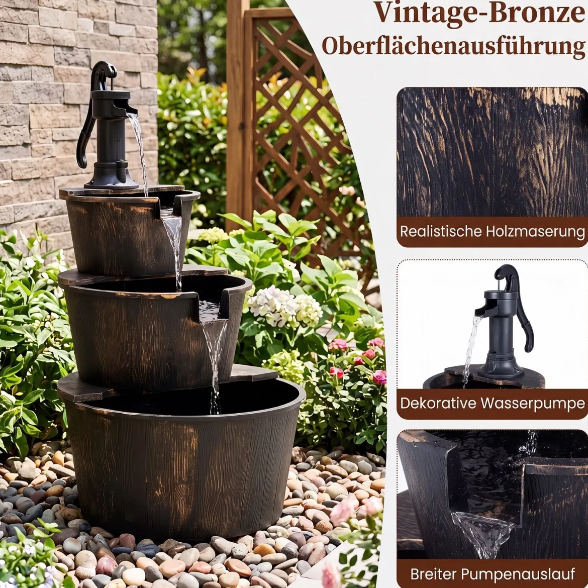 3-stufiger Gartenbrunnen mit Pumpe im Täuschend Echten Holzfass-Design 52 x 60 x 92,5 cm