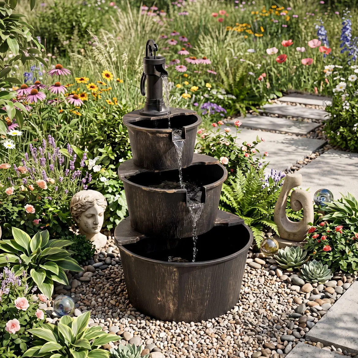 3-stufiger Gartenbrunnen mit Pumpe im Täuschend Echten Holzfass-Design 52 x 60 x 92,5 cm