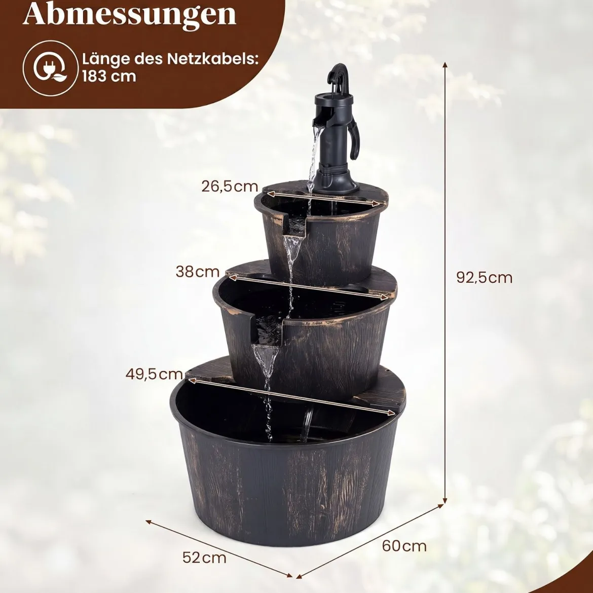 3-stufiger Gartenbrunnen mit Pumpe im Täuschend Echten Holzfass-Design 52 x 60 x 92,5 cm