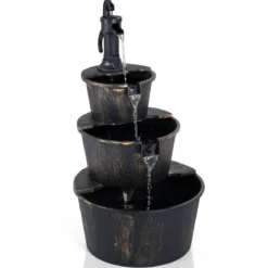 3-stufiger Gartenbrunnen mit Pumpe im Täuschend Echten Holzfass-Design 52 x 60 x 92,5 cm