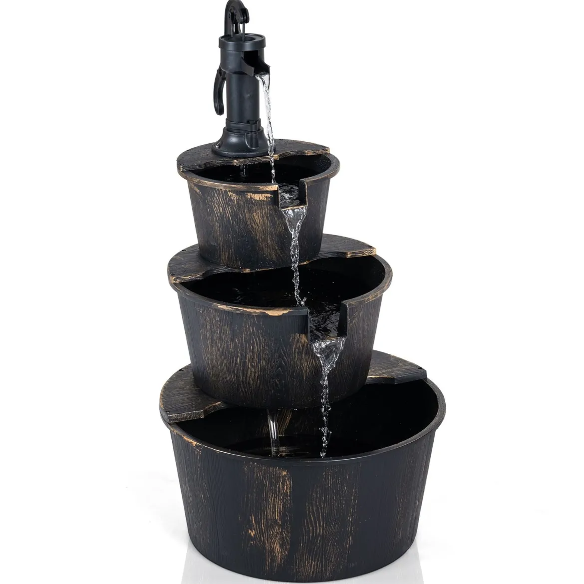 3-stufiger Gartenbrunnen mit Pumpe im Täuschend Echten Holzfass-Design 52 x 60 x 92,5 cm