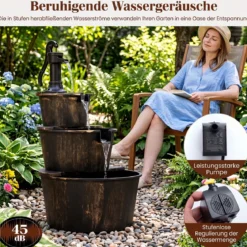 3-stufiger Gartenbrunnen mit Pumpe im Täuschend Echten Holzfass-Design 52 x 60 x 92,5 cm
