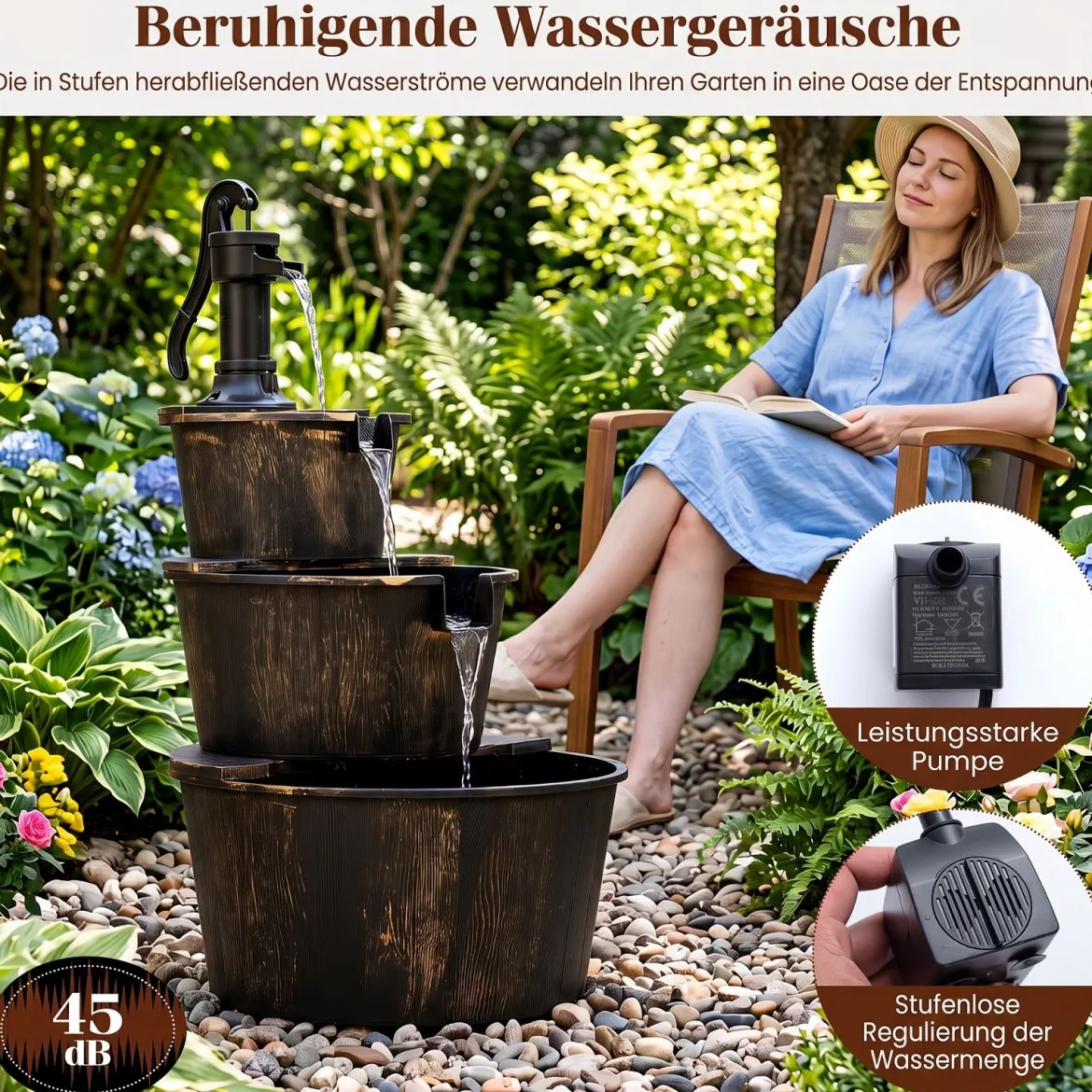 3-stufiger Gartenbrunnen mit Pumpe im Täuschend Echten Holzfass-Design 52 x 60 x 92,5 cm