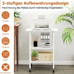 3-stufiger Höhenverstellbarer Druckerständer mit Ablageflächen & Rollen Druckerwagen Weiß