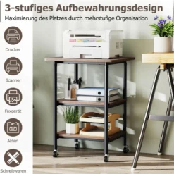 3-stufiger Höhenverstellbarer Druckerständer mit Ablageflächen & Rollen Druckerwagen Braun