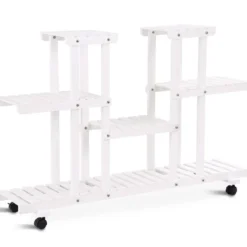 4-stufiger hölzerner Pflanzenständer mit abschließbaren Rädern 120,5 x 25,5 x 80 cm Weiß
