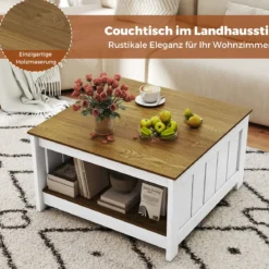 2 Stufiger Holz Couchtisch Quadratischer Wohnzimmertisch im Landhausstil Beistelltisch mit Stauraum