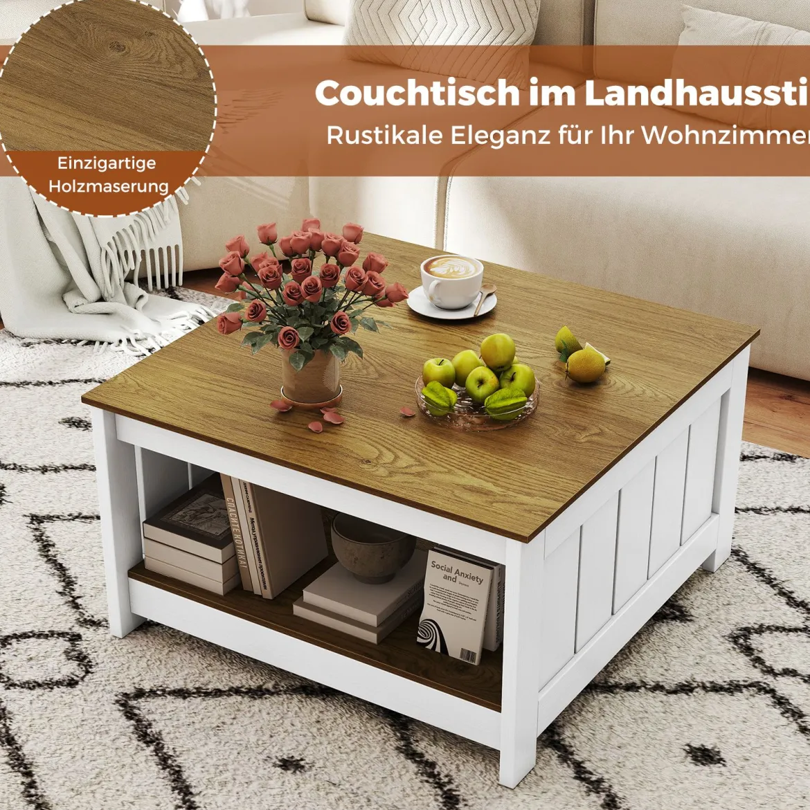 2 Stufiger Holz Couchtisch Quadratischer Wohnzimmertisch im Landhausstil Beistelltisch mit Stauraum