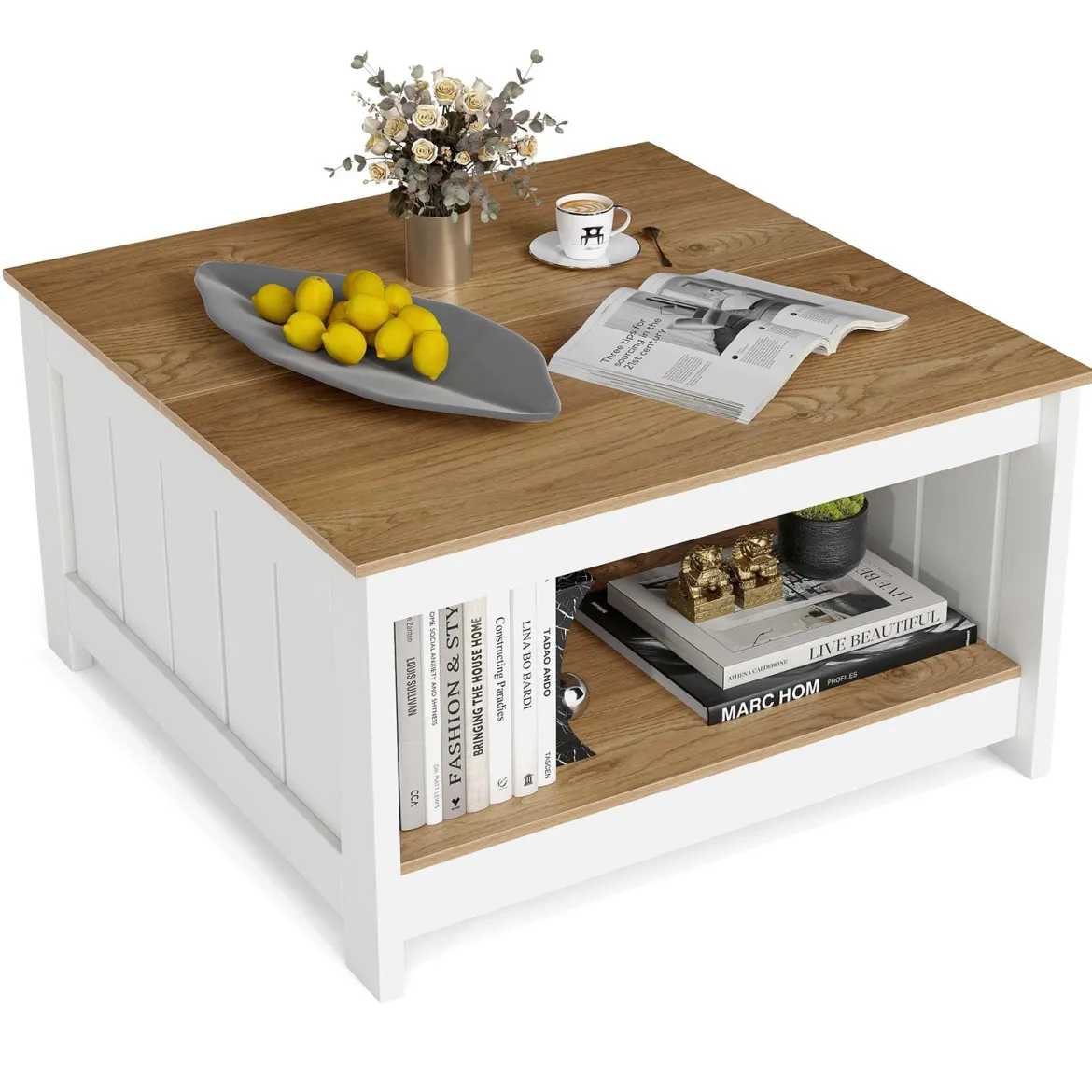 2 Stufiger Holz Couchtisch Quadratischer Wohnzimmertisch im Landhausstil Beistelltisch mit Stauraum