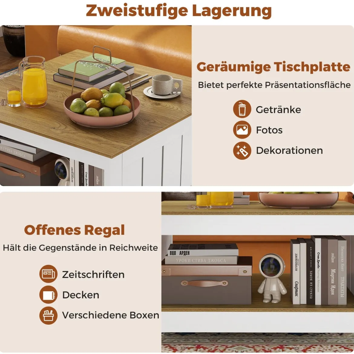 2 Stufiger Holz Couchtisch Quadratischer Wohnzimmertisch im Landhausstil Beistelltisch mit Stauraum