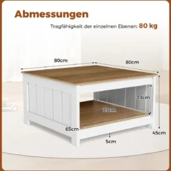 2 Stufiger Holz Couchtisch Quadratischer Wohnzimmertisch im Landhausstil Beistelltisch mit Stauraum