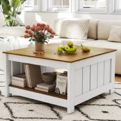 2 Stufiger Holz Couchtisch Quadratischer Wohnzimmertisch im Landhausstil Beistelltisch mit Stauraum
