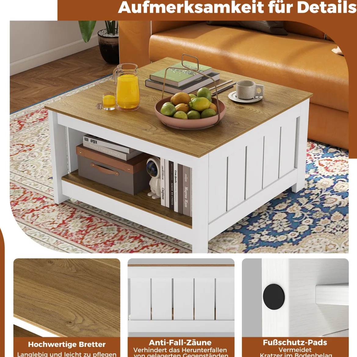 2 Stufiger Holz Couchtisch Quadratischer Wohnzimmertisch im Landhausstil Beistelltisch mit Stauraum