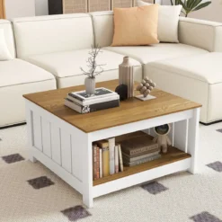 2 Stufiger Holz Couchtisch Quadratischer Wohnzimmertisch im Landhausstil Beistelltisch mit Stauraum