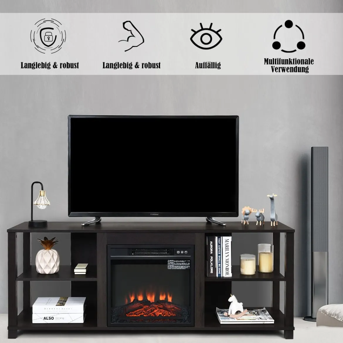2-stufiger Kamin-TV-Ständer für Fernseher bis zu 65" und Elektrokamin bis zu 18" (Nicht inklusive) 150 x 40 x 58 cm Schwarz