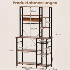6-stufiger Küchenregal mit Steckdose & Drahtkorb Standregal Mikrowellenregal Bäckerregal 99 × 40 × 170 cm
