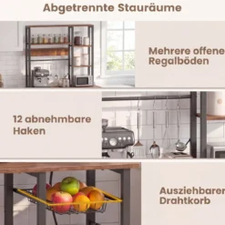 6-stufiger Küchenregal mit Steckdose & Drahtkorb Standregal Mikrowellenregal Bäckerregal 99 × 40 × 170 cm