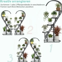 5-stufiger Metall Pflanzenständer Herzförmig Blumenregal mit Haken 71 x 30,5 x 148 cm Schwarz