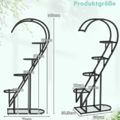 5-stufiger Metall Pflanzenständer Herzförmig Blumenregal mit Haken 71 x 30,5 x 148 cm Schwarz