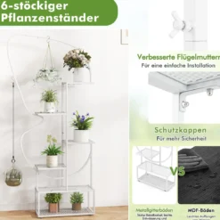6-stufiger Metall Schmetterlingsförmiger Pflanzenständer mit 4 Haken Blumenregal Weiß