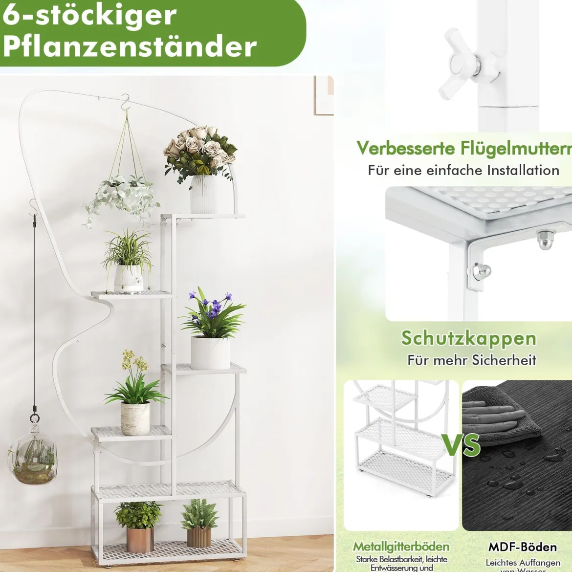 6-stufiger Metall Schmetterlingsförmiger Pflanzenständer mit 4 Haken Blumenregal Weiß