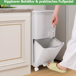 2-stufiger Mülleimer mit Deckel & Abschließbaren Rollen Kunststoff Abfalleimer Küchenabfalleimer