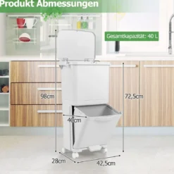 2-stufiger Mülleimer mit Deckel & Abschließbaren Rollen Kunststoff Abfalleimer Küchenabfalleimer