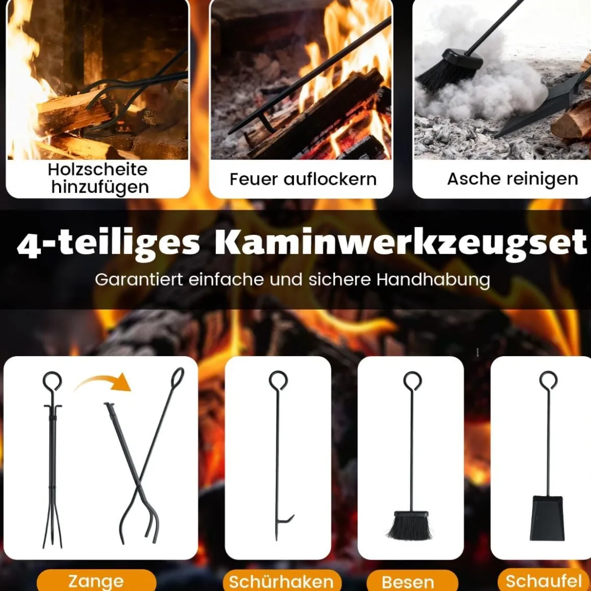 3-stufiger rollbarer Brennholzständer Innen- und Außenhalter für Feuerholz mit Zange Schwarz