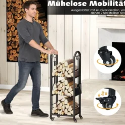 3-stufiger rollbarer Brennholzständer Innen- und Außenhalter für Feuerholz mit Zange Schwarz