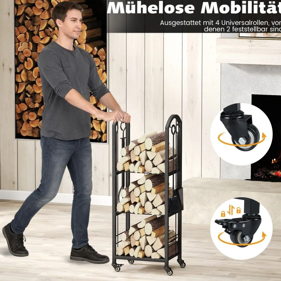 3-stufiger rollbarer Brennholzständer Innen- und Außenhalter für Feuerholz mit Zange Schwarz