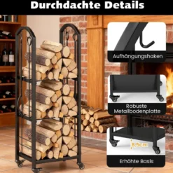 3-stufiger rollbarer Brennholzständer Innen- und Außenhalter für Feuerholz mit Zange Schwarz