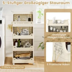 5-stufiger Rollender Wäschekorb mit Griffen & Haken Stapelbarer Kunststoff-Aufbewahrungswagen