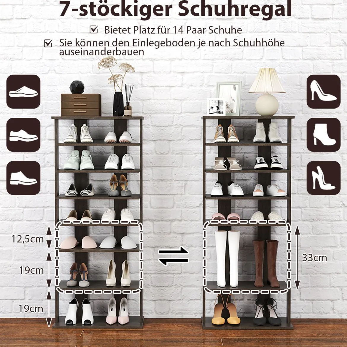 8 Stufiger Schuhständer Höhenverstellbares Schuhregal Platzsparender Schuh Organizer Grau