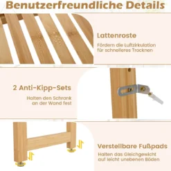 3-stufiger Toilettenregal Bambus Badezimmerregal Überbauschrank freistehend Toilettenschrank mit 3 Haken 71,5 x 25 x 166 cm