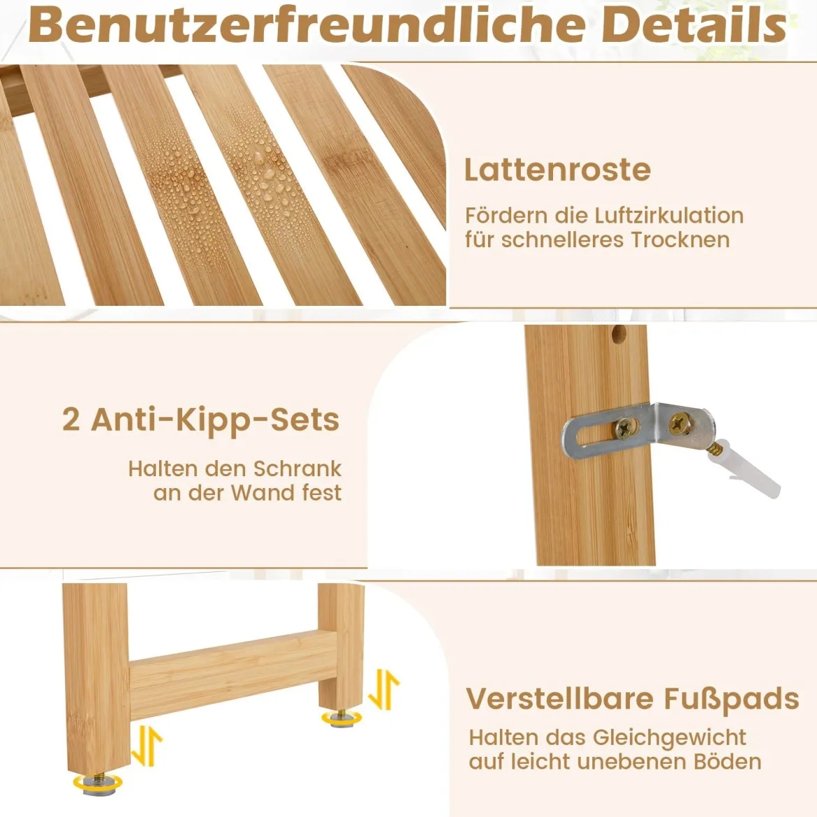 3-stufiger Toilettenregal Bambus Badezimmerregal Überbauschrank freistehend Toilettenschrank mit 3 Haken 71,5 x 25 x 166 cm