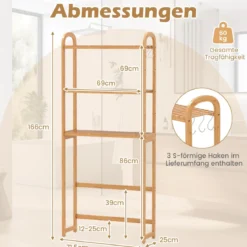 3-stufiger Toilettenregal Bambus Badezimmerregal Überbauschrank freistehend Toilettenschrank mit 3 Haken 71,5 x 25 x 166 cm