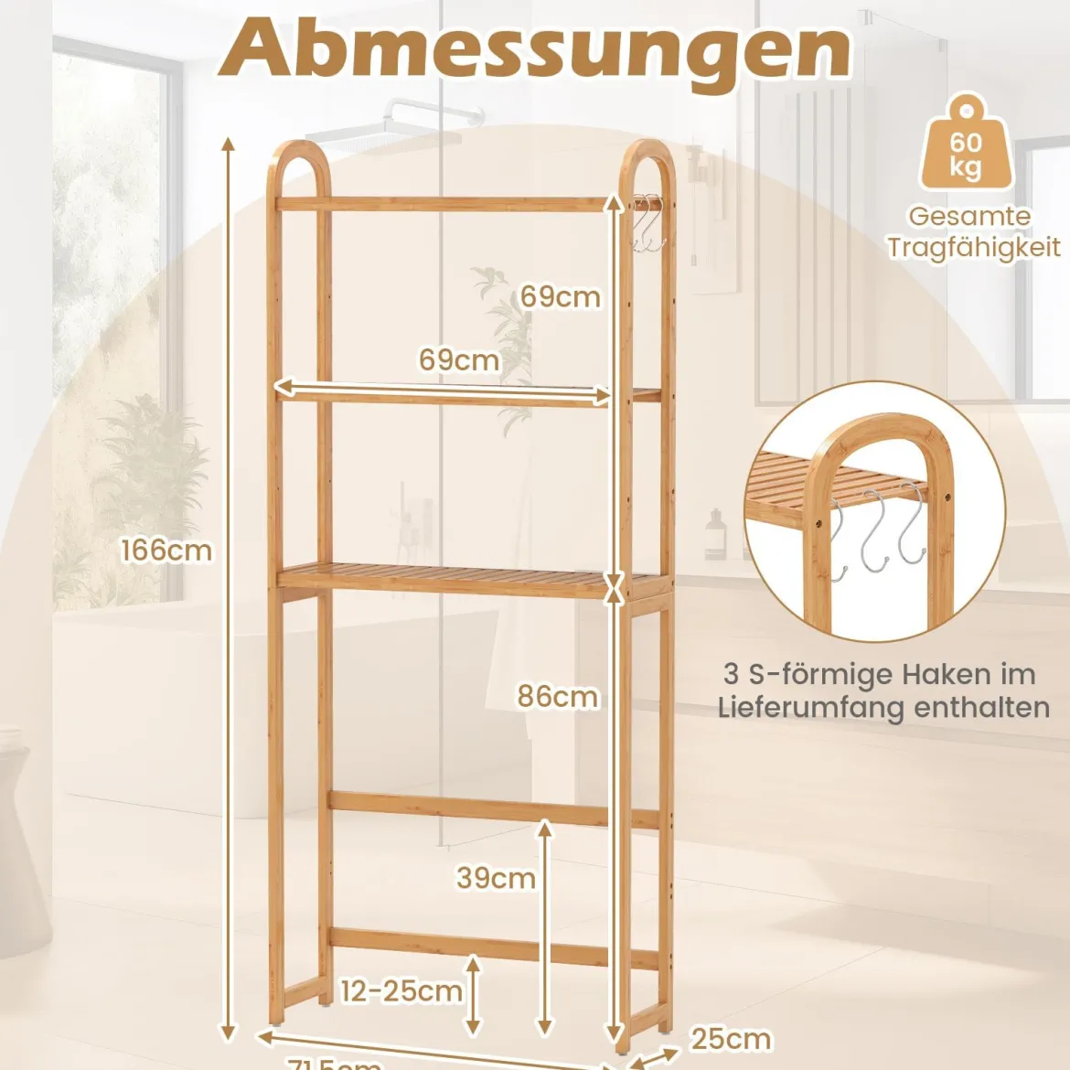 3-stufiger Toilettenregal Bambus Badezimmerregal Überbauschrank freistehend Toilettenschrank mit 3 Haken 71,5 x 25 x 166 cm