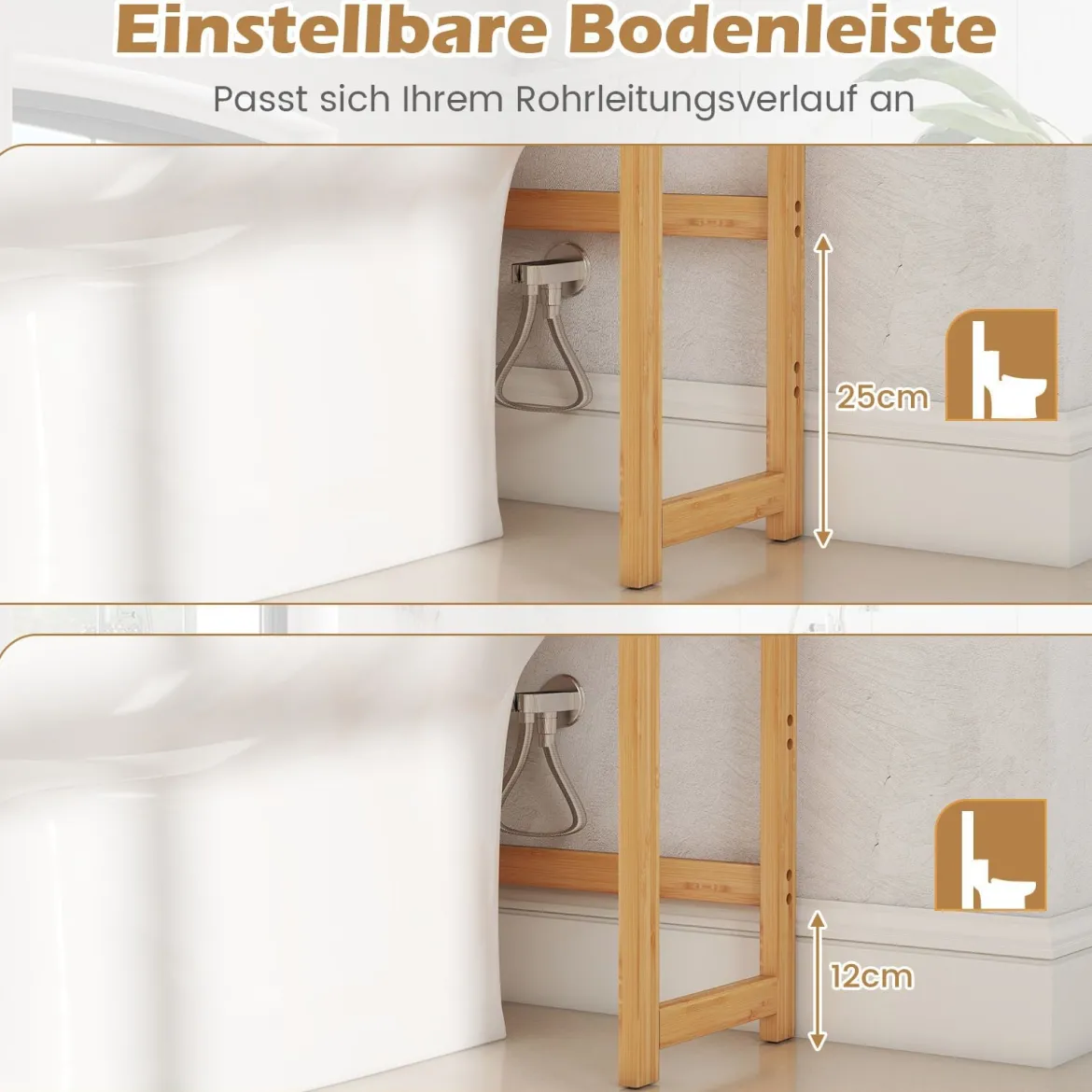 3-stufiger Toilettenregal Bambus Badezimmerregal Überbauschrank freistehend Toilettenschrank mit 3 Haken 71,5 x 25 x 166 cm