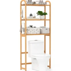 3-stufiger Toilettenregal Bambus Badezimmerregal Überbauschrank freistehend Toilettenschrank mit 3 Haken 71,5 x 25 x 166 cm